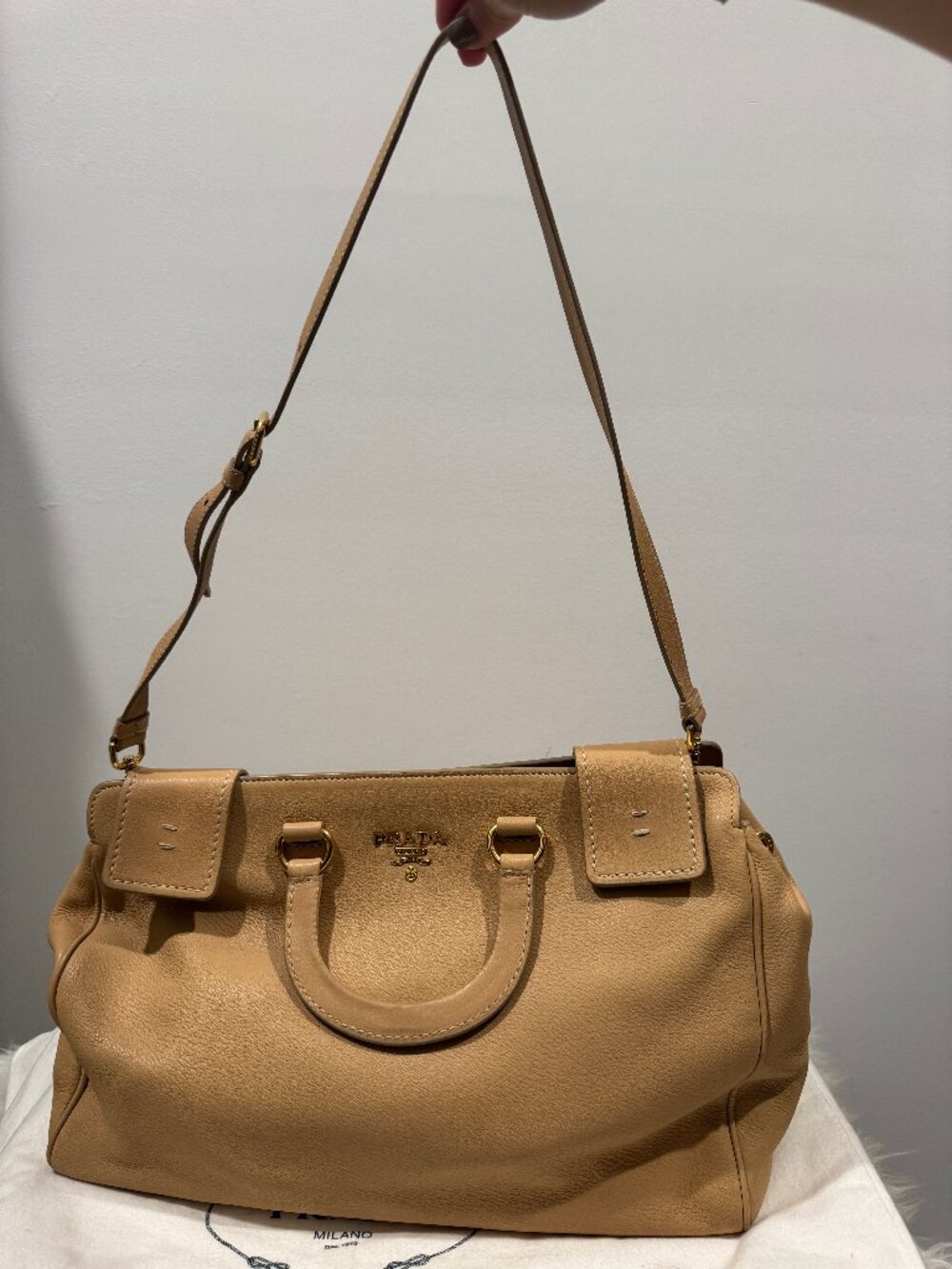 Authentic Prada Cervo Deerskin Leather Satchel Shoulder Bag Sabbia Beige